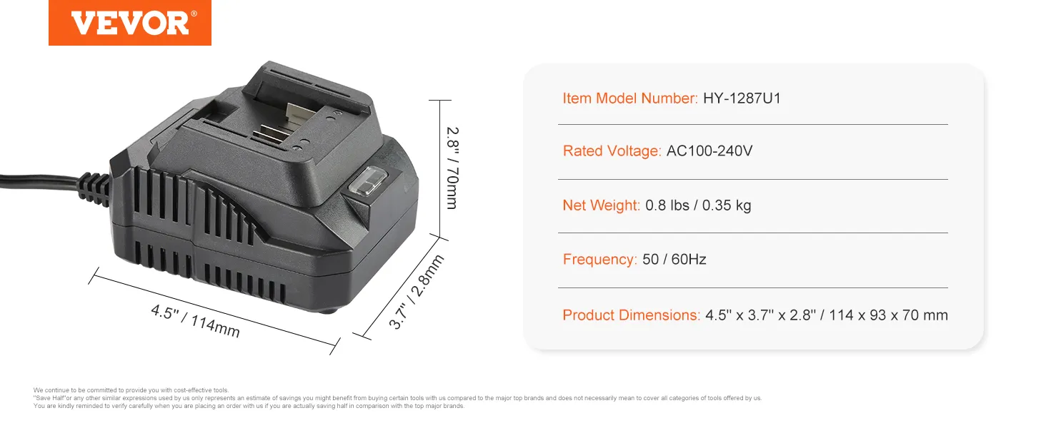 VEVOR battery charger specifications: voltage ac100-240v, weight 0.8 lbs, dimensions 4.5" x 3.7" x 2.8".