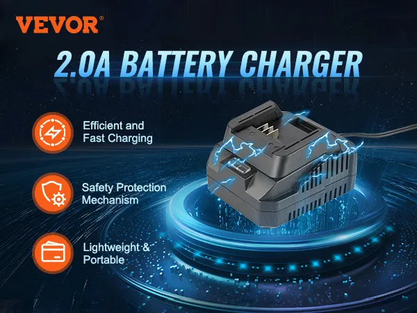 VEVOR battery charger with 2.0a charging, safety protection, and lightweight, portable design.