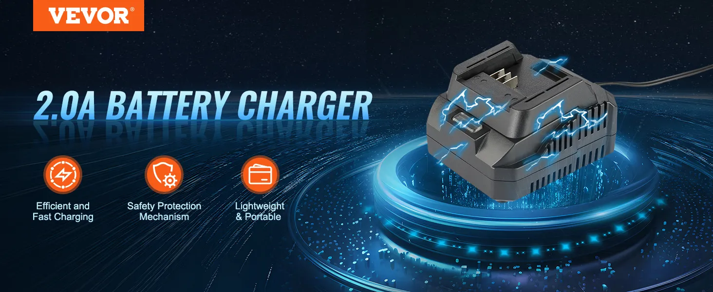 VEVOR battery charger with 2.0a charging, safety protection, and lightweight, portable design.