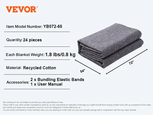 VEVOR moving blankets, 24 pieces, 54"x 72", 1.8 lbs each, recycled cotton, includes elastic bands.