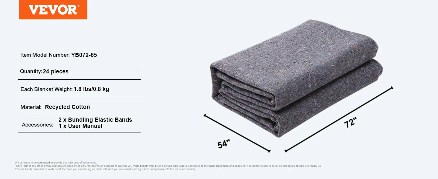VEVOR moving blankets, 24 pieces, 54"x 72", 1.8 lbs each, recycled cotton, includes elastic bands.