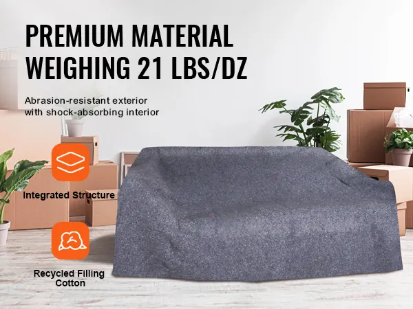 VEVOR moving blankets on covered furniture with packing boxes and plants in the background.