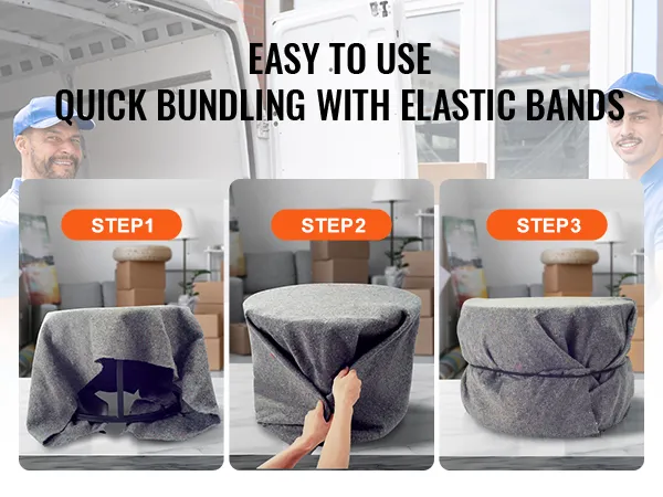 easy VEVOR moving blankets bundling in 3 steps with elastic bands, ideal for quick and secure packing.