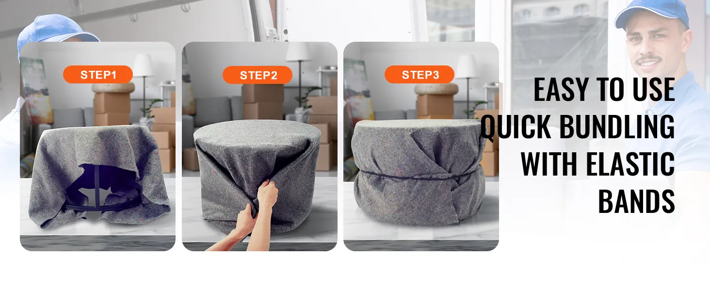 easy VEVOR moving blankets bundling in 3 steps with elastic bands, ideal for quick and secure packing.