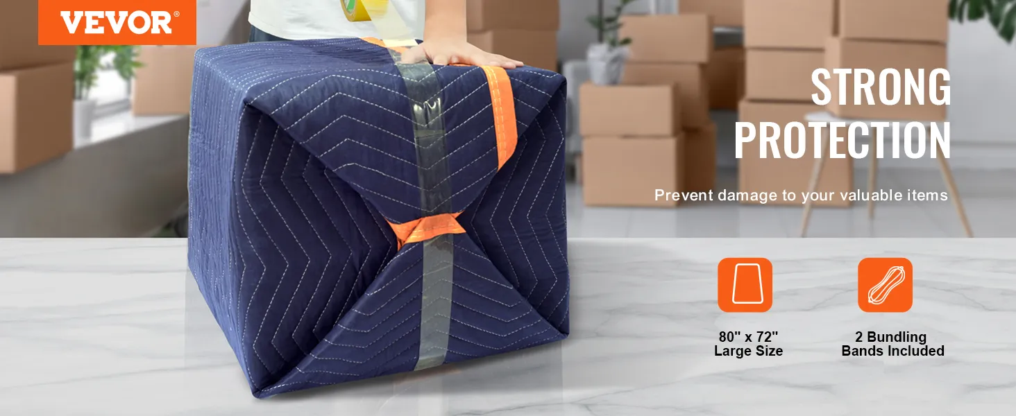 Mantas de mudanza VEVOR envueltas alrededor de una caja sobre una mesa con un embalaje en el fondo.