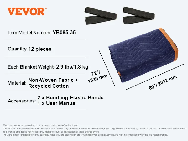 VEVOR moving blankets, 12 pieces, non-woven fabric, 2.9 lbs each, comes with elastic bands and user manual.