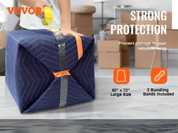 VEVOR moving blankets wrapped box with bundling bands on a table, with boxes in the background.