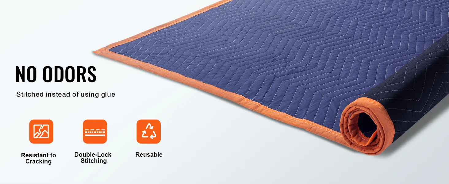 VEVOR moving blankets: odorless, double-lock stitching, resistant to cracking, reusable.