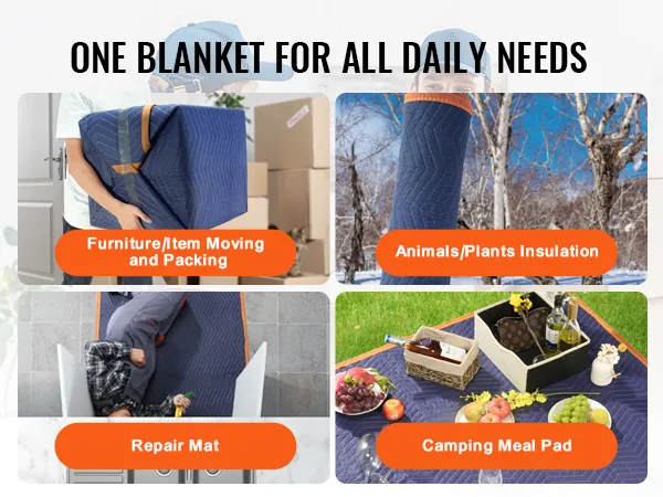 one blanket for various uses like furniture moving, plant insulation, repair mat, and camping meal pad. VEVOR moving blankets.
