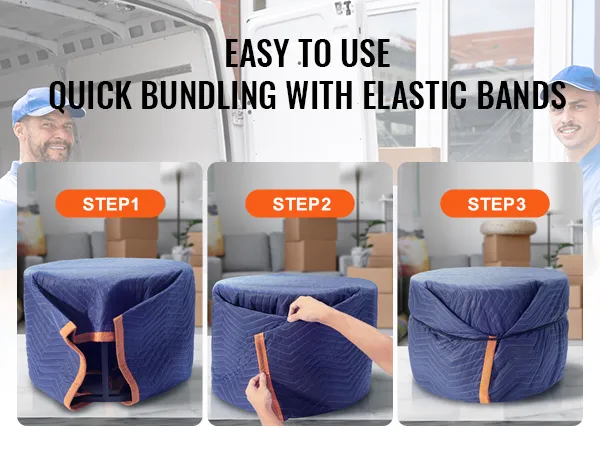 VEVOR moving blankets: elastic bands for easy bundling - 3-step guide, protect furniture efficiently.