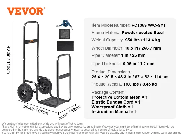 VEVOR firewood log cart, 250 lbs capacity, powder-coated steel, 10.5" wheels, 4 items included.