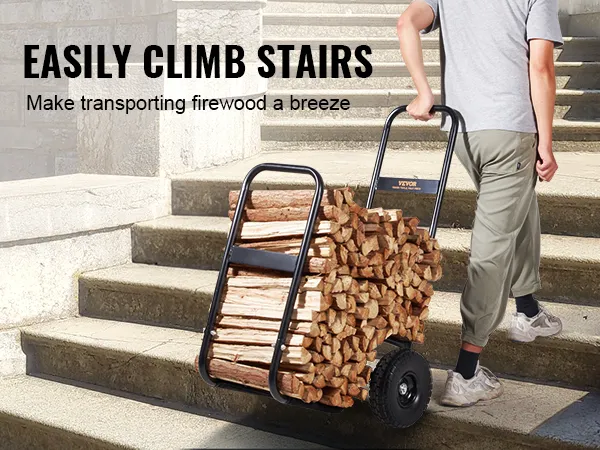 VEVOR firewood log cart easily transporting firewood up stairs with ease.