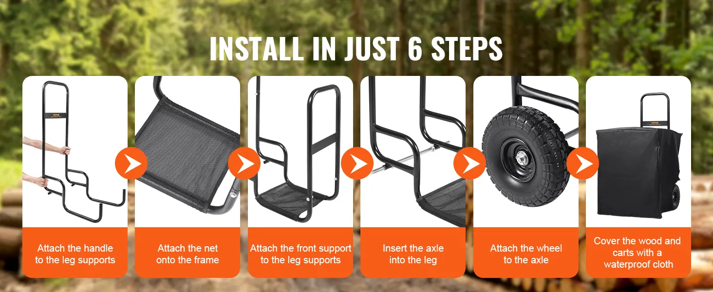 install VEVOR firewood log cart in 6 easy steps with images showing each assembly stage.