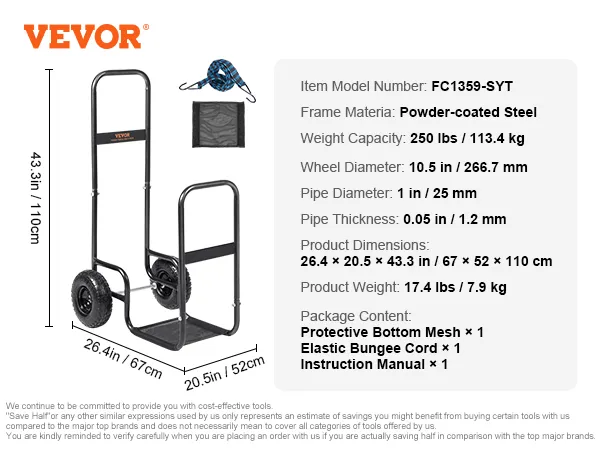 VEVOR firewood log cart fc1359-syt, 250 lbs capacity, powder-coated steel frame, 10.5 in wheels