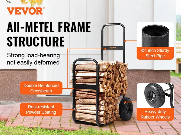 VEVOR firewood log cart with all-metal frame, reinforced crossbeam, and heavy-duty rubber wheels.
