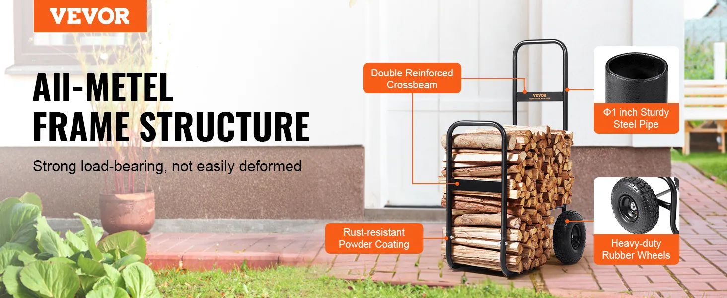 VEVOR firewood log cart with all-metal frame, reinforced crossbeam, and heavy-duty rubber wheels.