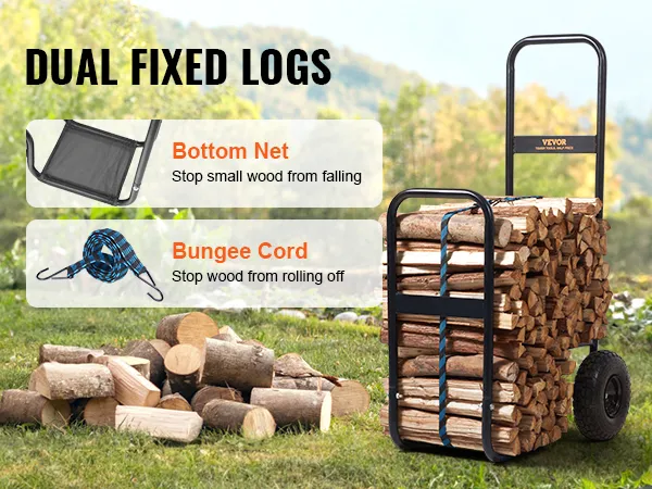 VEVOR firewood log cart with bottom net and bungee cord on a grassy landscape.