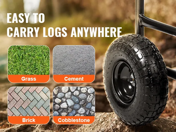 VEVOR firewood log cart with durable wheels for grass, cement, brick, and cobblestone surfaces.