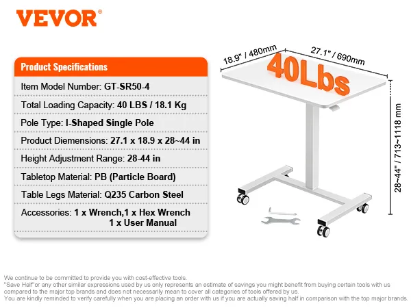 VEVOR mobile standing desk, adjustable height, 40 lbs load capacity, with wheels and included tools.