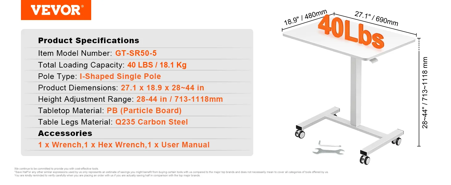 VEVOR mobile standing desk, adjustable height, 40 lbs load capacity, with wheels and included tools.