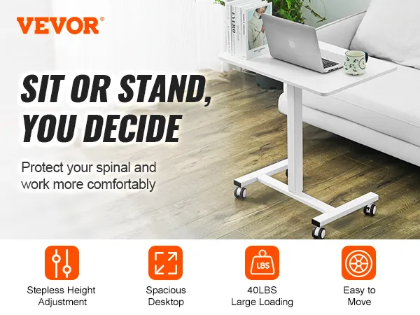 VEVOR mobile standing desk with height adjustment, spacious desktop, 40 lbs load capacity, easy to move.