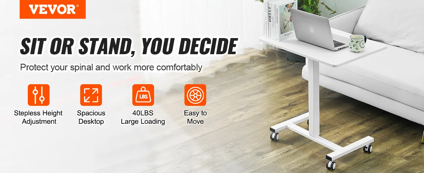 VEVOR mobile standing desk with height adjustment, spacious desktop, 40 lbs load capacity, easy to move.