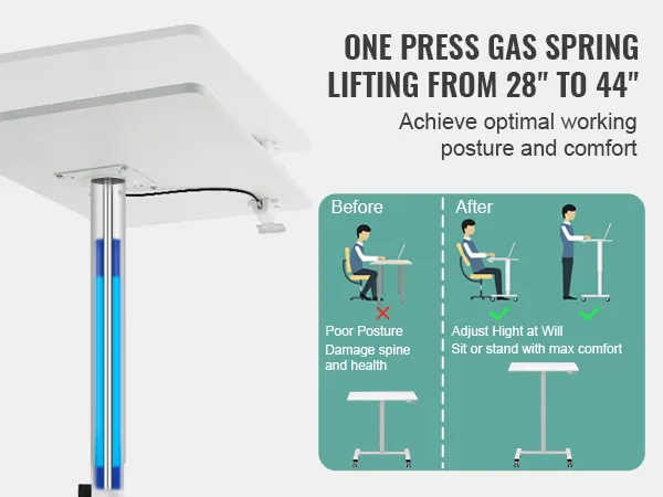 VEVOR mobile standing desk promotes healthy posture with height adjustment from 28" to 44".