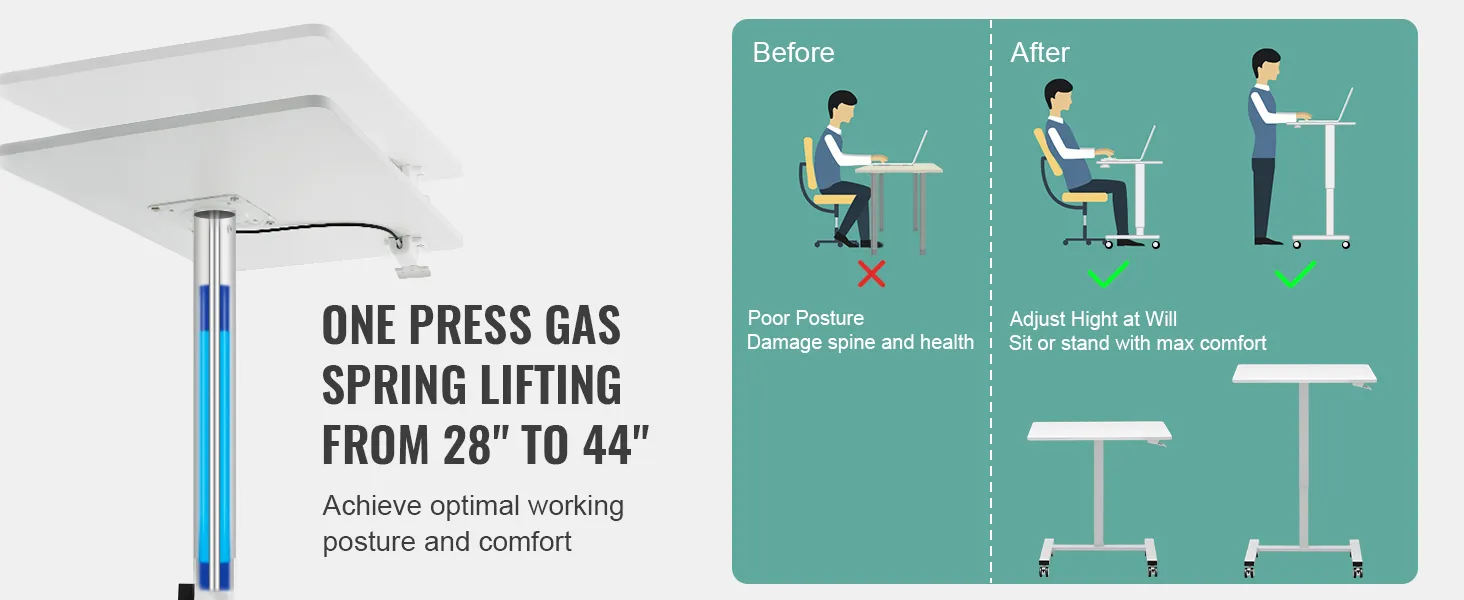 VEVOR mobile standing desk promotes healthy posture with height adjustment from 28" to 44".