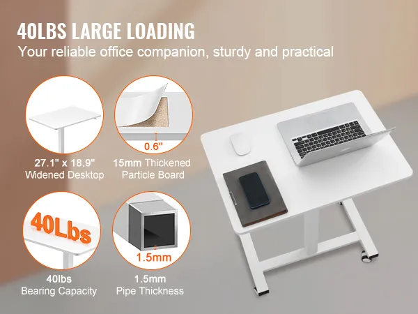 VEVOR mobile standing desk with widened desktop, 15mm thickened particle board, 40lbs bearing capacity.