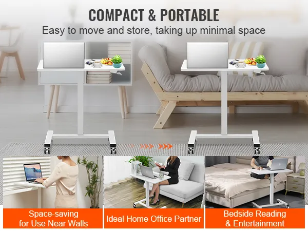 VEVOR mobile standing desk for home office and bedside use, compact and portable with locking wheels.
