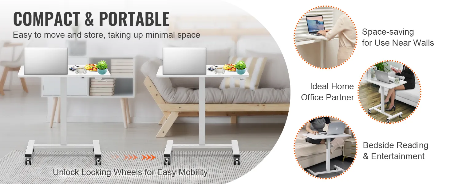 VEVOR mobile standing desk for home office and bedside use, compact and portable with locking wheels.