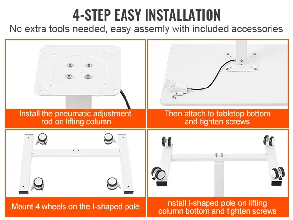 4-step easy installation guide for the VEVOR mobile standing desk with no extra tools needed.