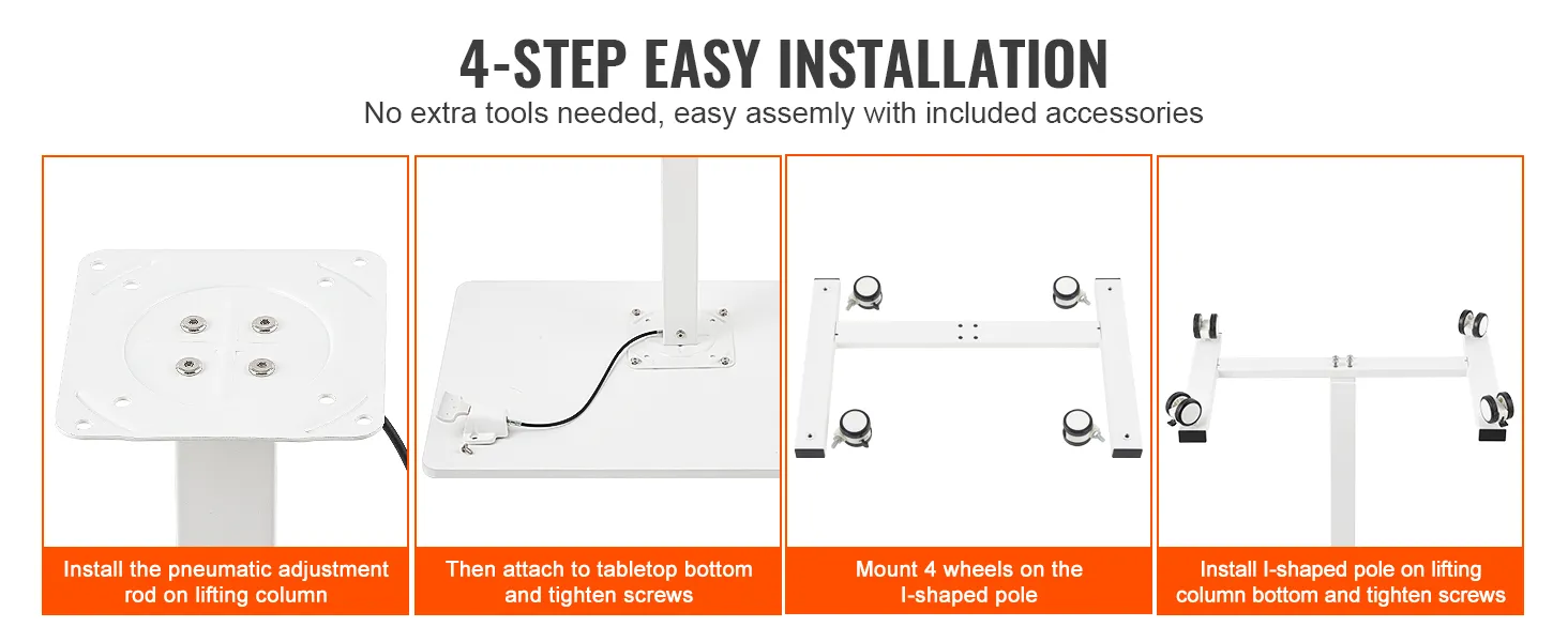 4-step easy installation guide for the VEVOR mobile standing desk with no extra tools needed.