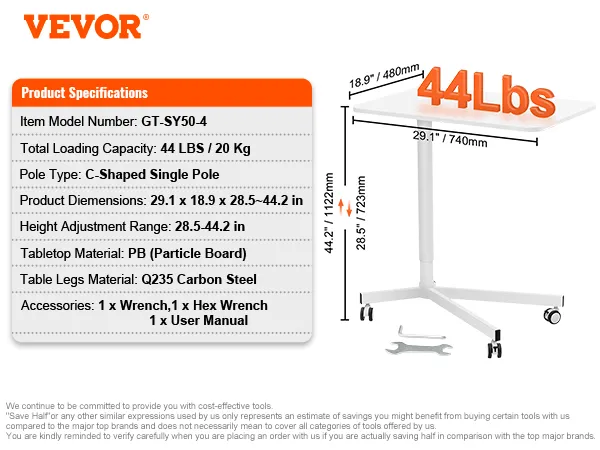 VEVOR mobile standing desk with 44 lbs capacity, pb tabletop, adjustable height from 28.5 to 44.2 in.