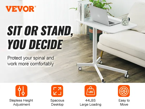 VEVOR mobile standing desk next to a sofa with laptop and coffee mug, showcasing adjustable height.
