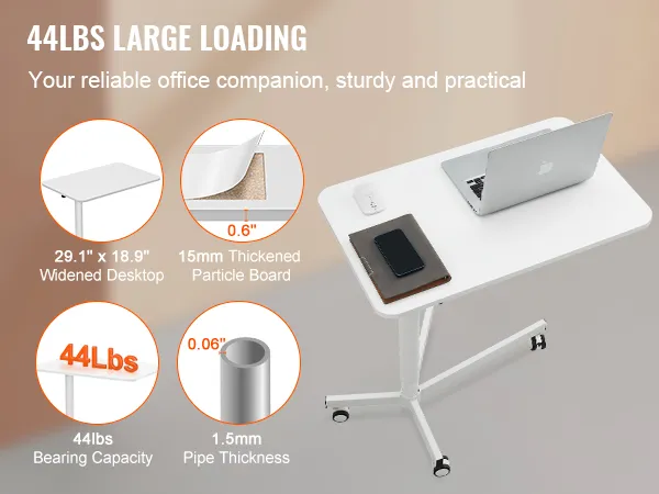 VEVOR mobile standing desk with 44lbs loading, 29.1"x18.9" desktop, 15mm particle board, 1.5mm pipe.