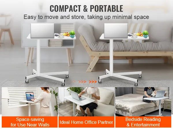 compact and portable VEVOR mobile standing desk with locking wheels, ideal for home office and bedside use.