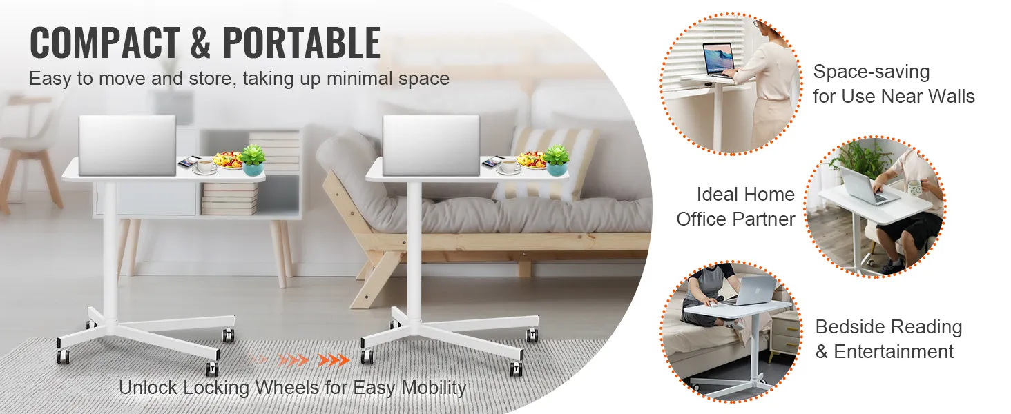 compact and portable VEVOR mobile standing desk with locking wheels, ideal for home office and bedside use.