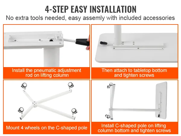 4-step installation guide for the VEVOR mobile standing desk with included accessories.