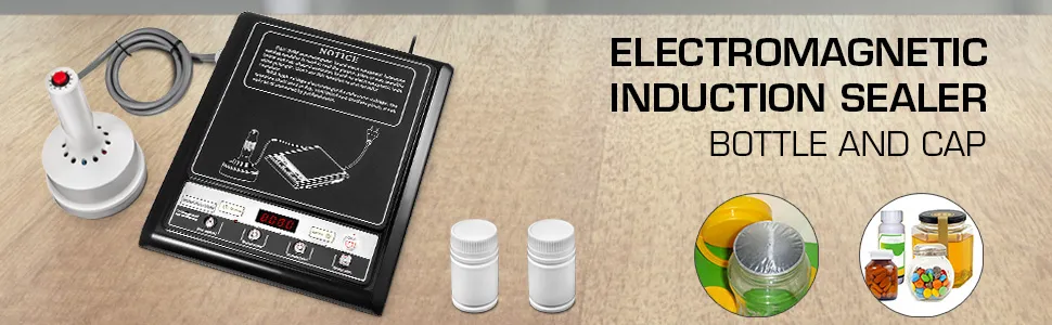 Selladora por inducción VEVOR con pantalla de visualización, cabezal de sellado y botellas de muestra.