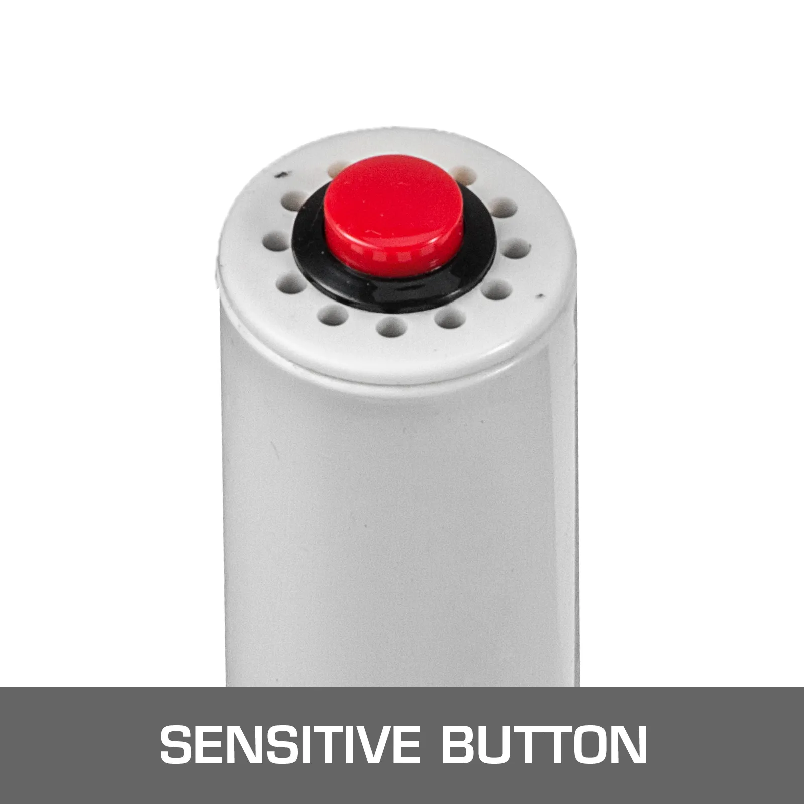 Botón rojo en el sellador por inducción VEVOR con la etiqueta "botón sensible".