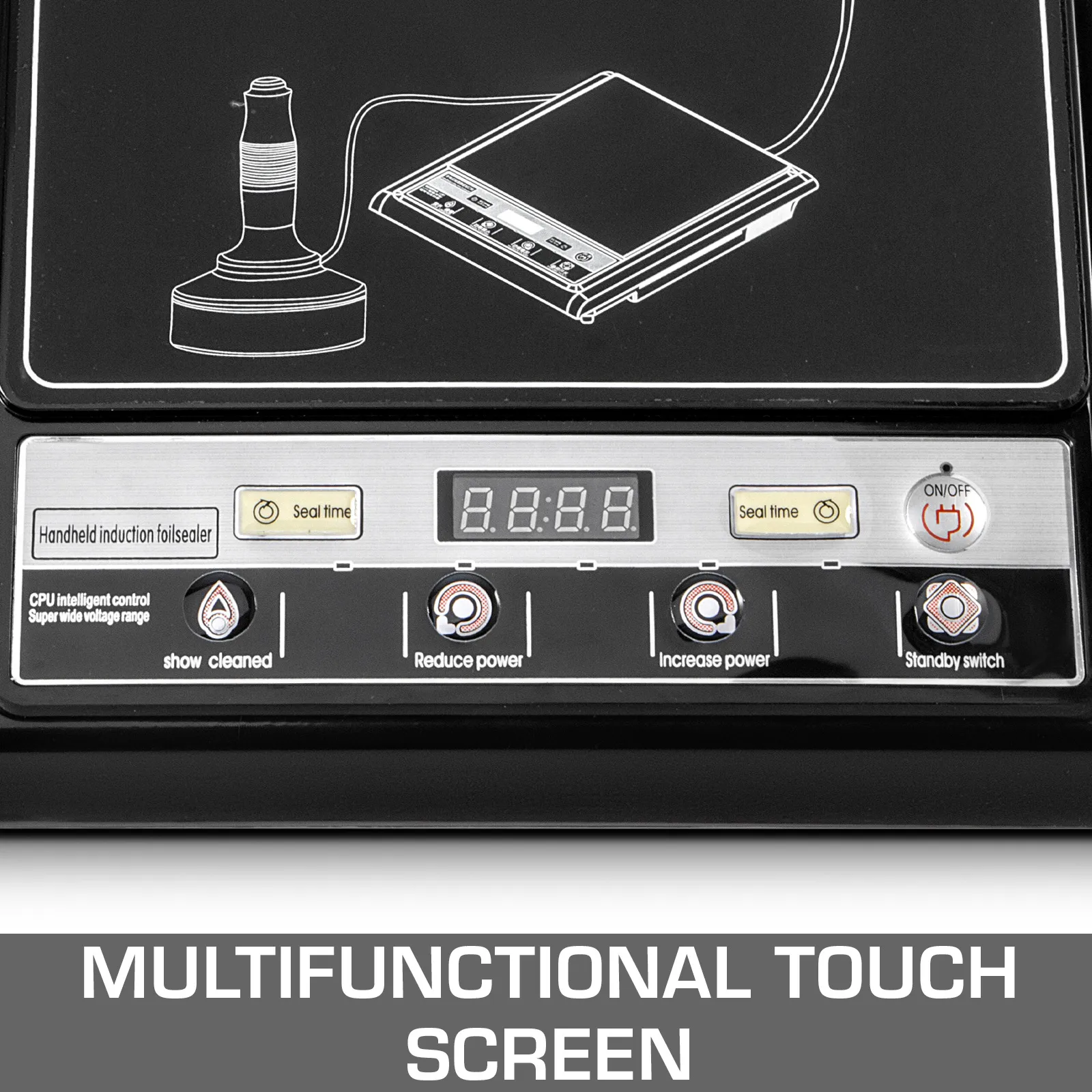 Selladora por inducción VEVOR con pantalla táctil multifuncional y panel de control.