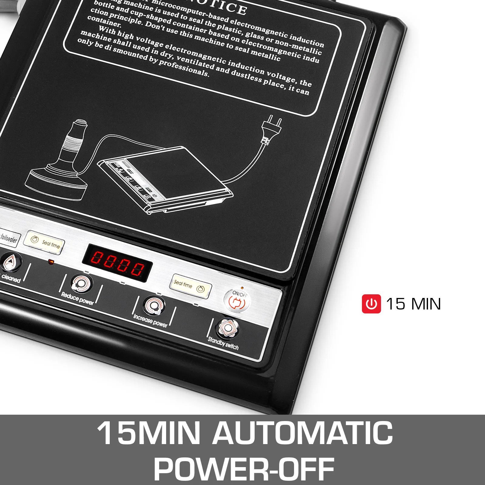 Sellador por inducción VEVOR con función de apagado automático de 15 minutos que se muestra en la pantalla.