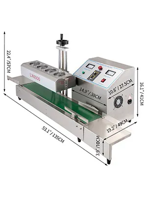 VEVOR induction bottle sealer dimensions and control panel in stainless steel finish.
