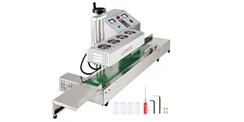 VEVOR induction bottle sealer with control panel, conveyor, and sealing tools.