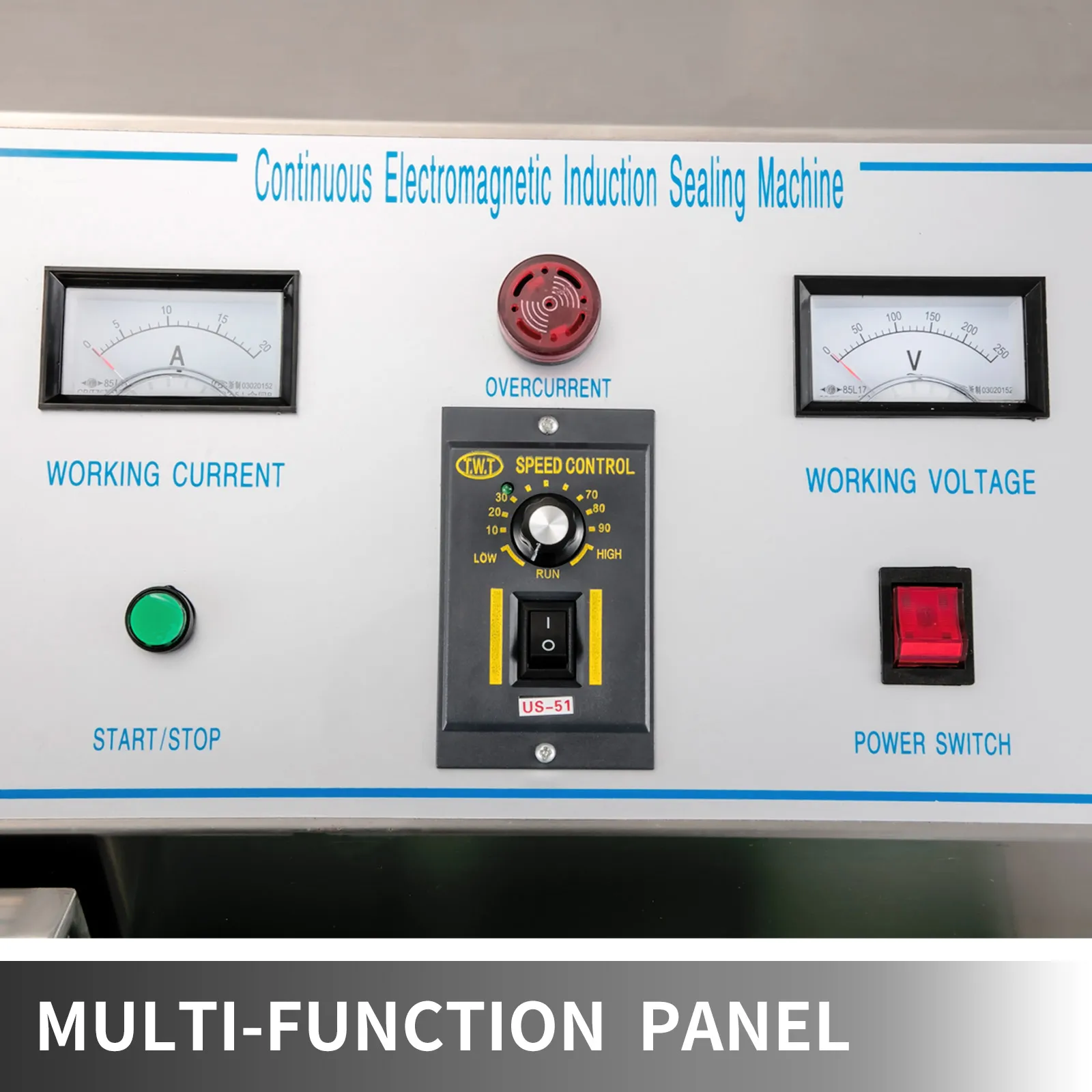VEVOR induction bottle sealer control panel with current, voltage, and speed indicators
