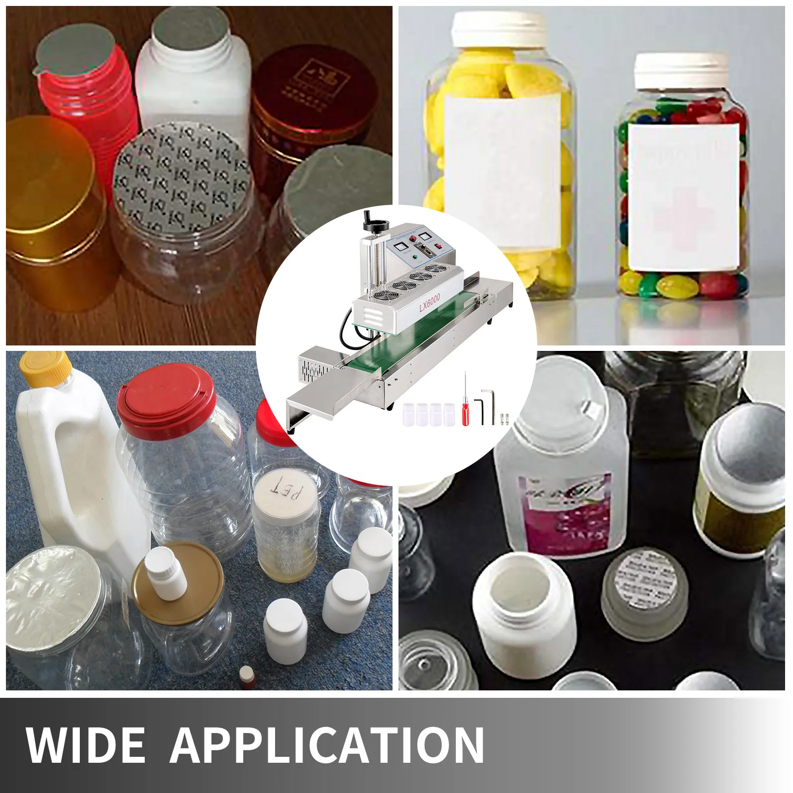 various sealed containers showcasing the VEVOR induction bottle sealer's wide application.