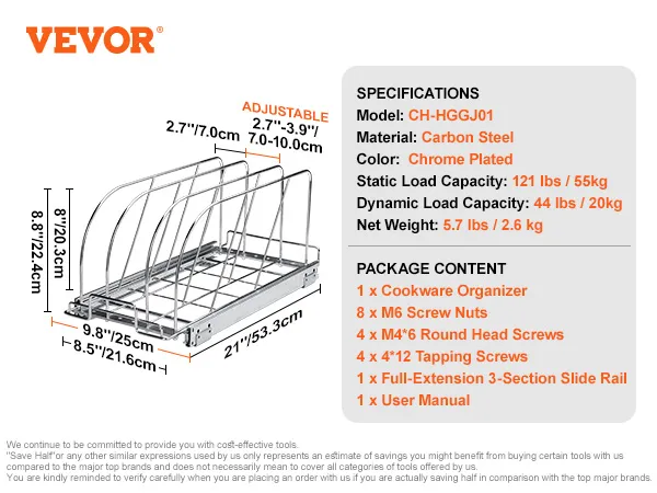 VEVOR pan and pot rack, carbon steel, chrome plated, static load 121 lbs, dimensions 21"x8.8"x9.8".
