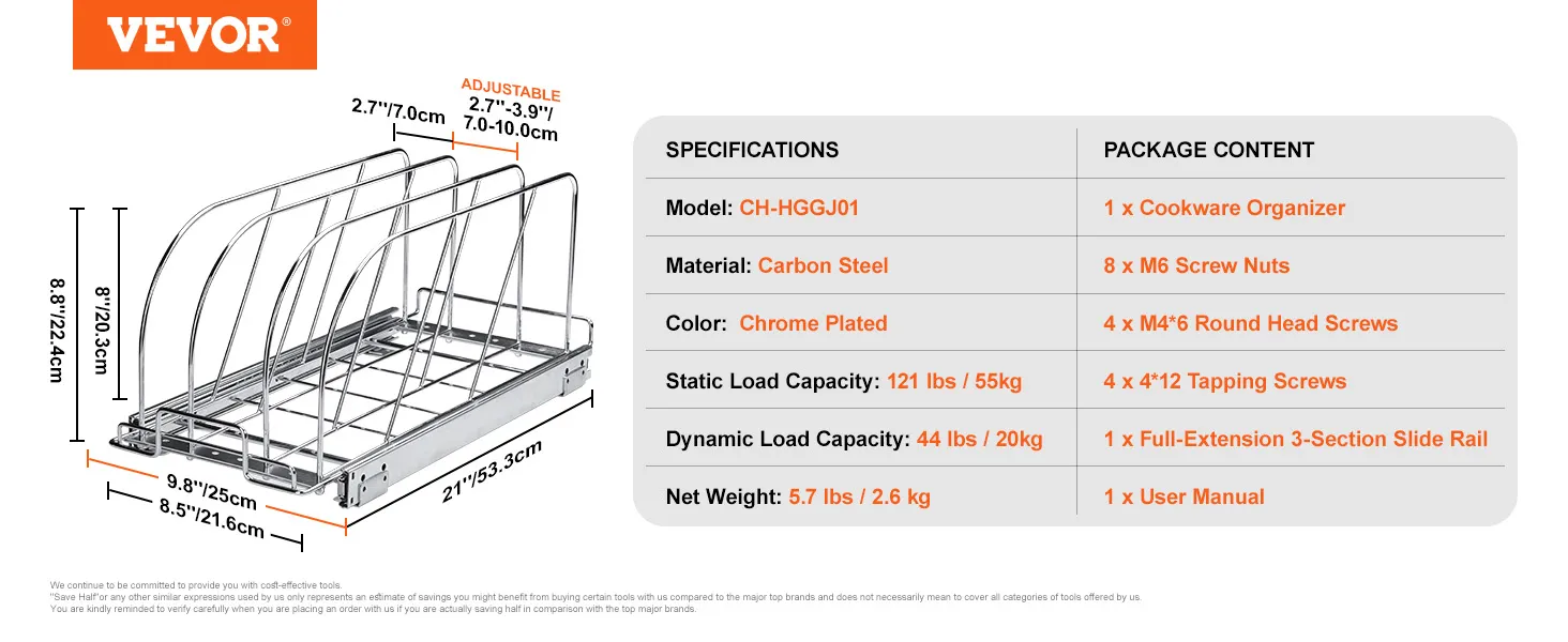 VEVOR pan and pot rack, carbon steel, chrome plated, static load 121 lbs, dimensions 21"x8.8"x9.8".