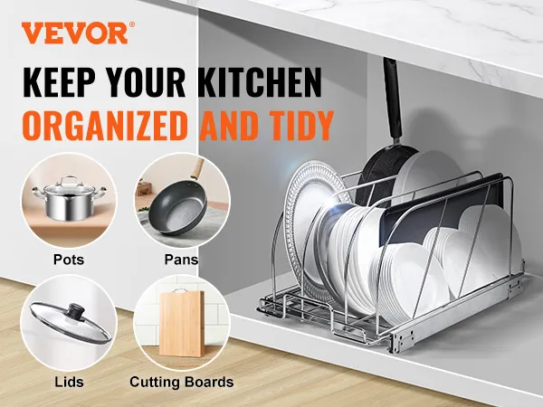 VEVOR pan and pot rack for organizing pots, pans, lids, and cutting boards in a tidy kitchen.